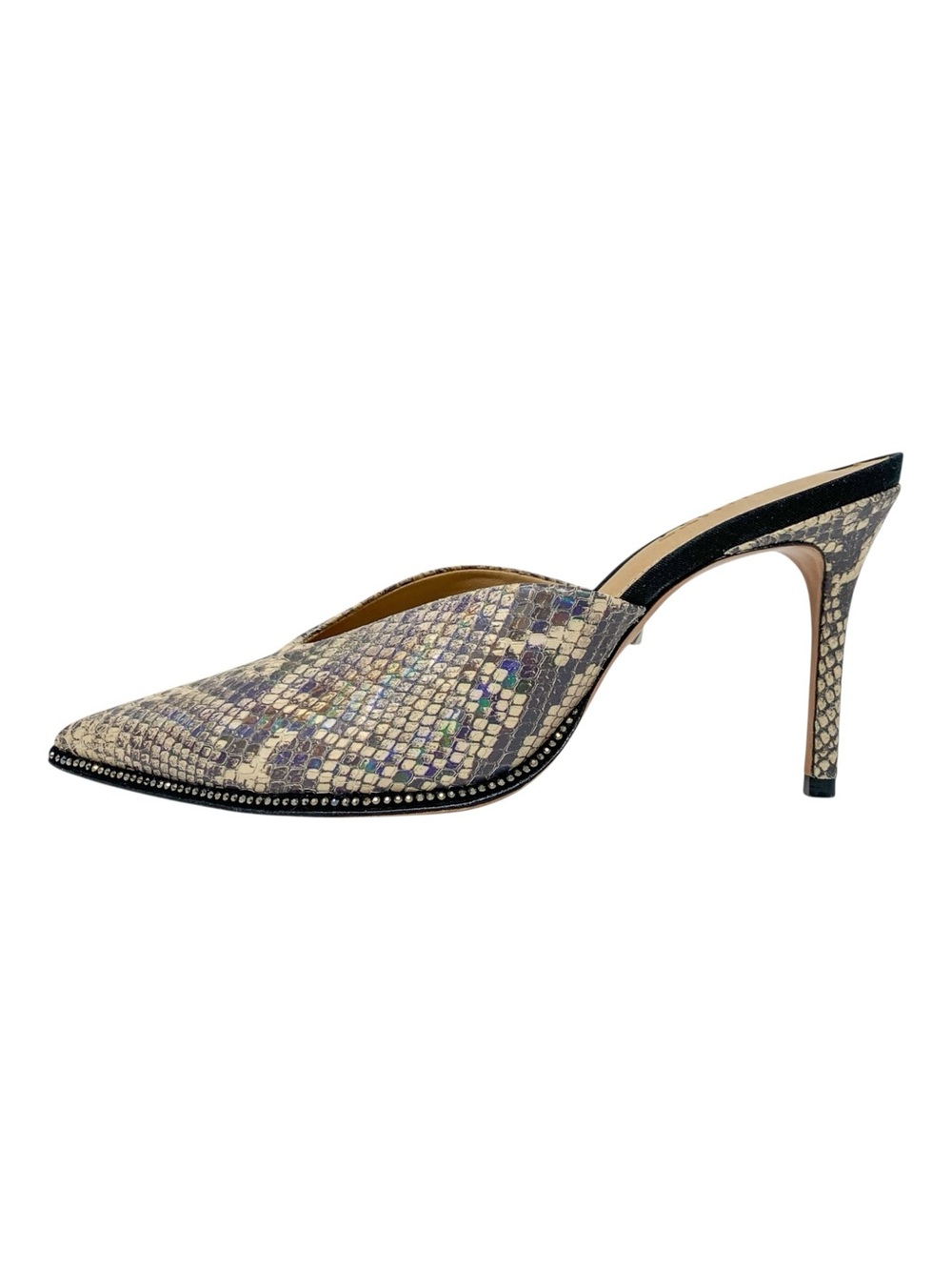 Schutz Heliconia Iridescent Snake Embossed Leather Crystal Trim Mule Heels 7.5